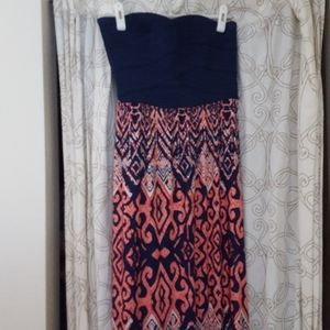 Strapless Navy/Pink Print Maxi Dress